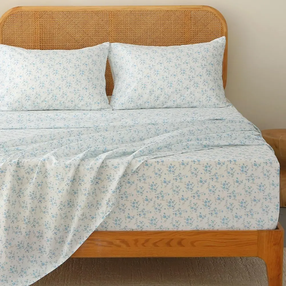 Floral Sheets King, Blue Floral Pattern Soft Breathable Farmhouse 4pcs Bed Sheet Sets,18 inches Deep Sheets