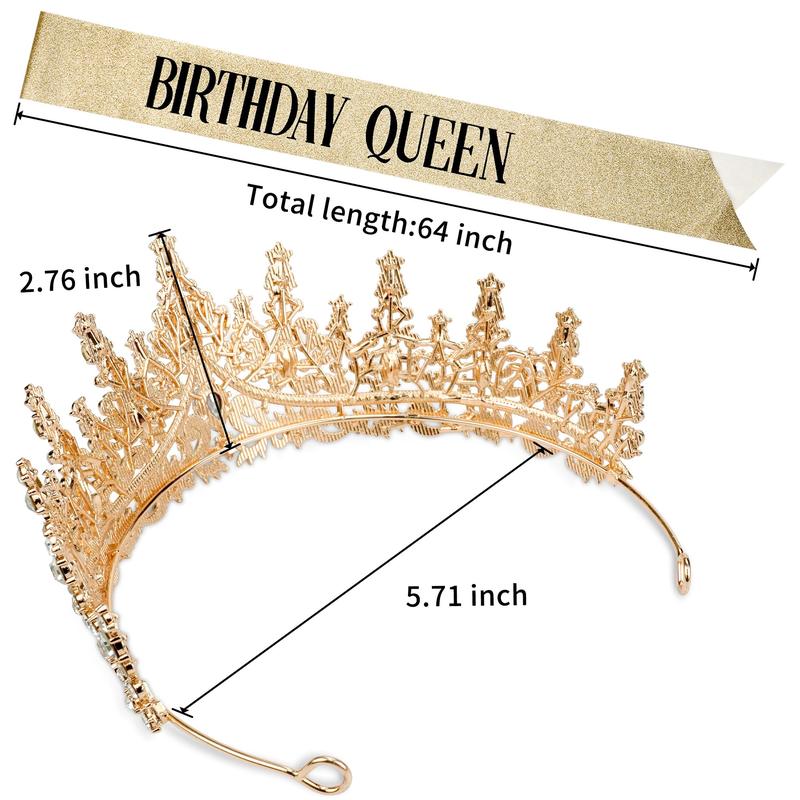 Set of 2 Queen Crystal Birthday Crowns Soft Shiny Sashes Birthday Decoration Set Women's Birthday Sashes and Headpieces, Party Decoration Supplies Set