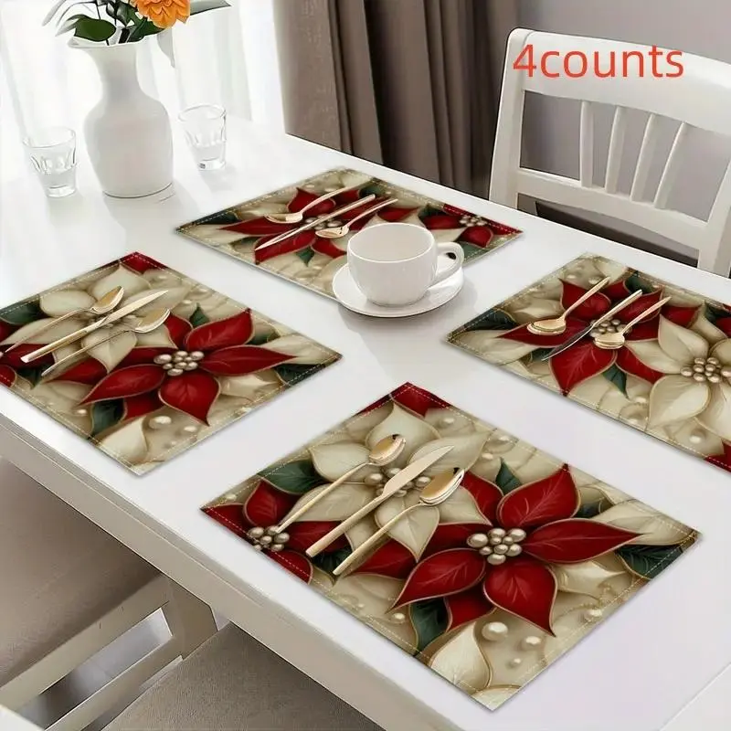 4 Piece Christmas Floral Placemats, Washable Polyester, Forks and Spoons, and Holly Design, Holiday Table Decor