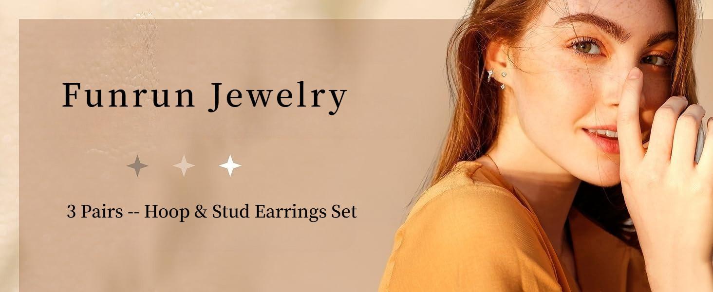 FUNRUN 3 Pairs Sterling Silver Earrings | CZ Huggie Hoops & Studs | Hypoallergenic for Sensitive Ears