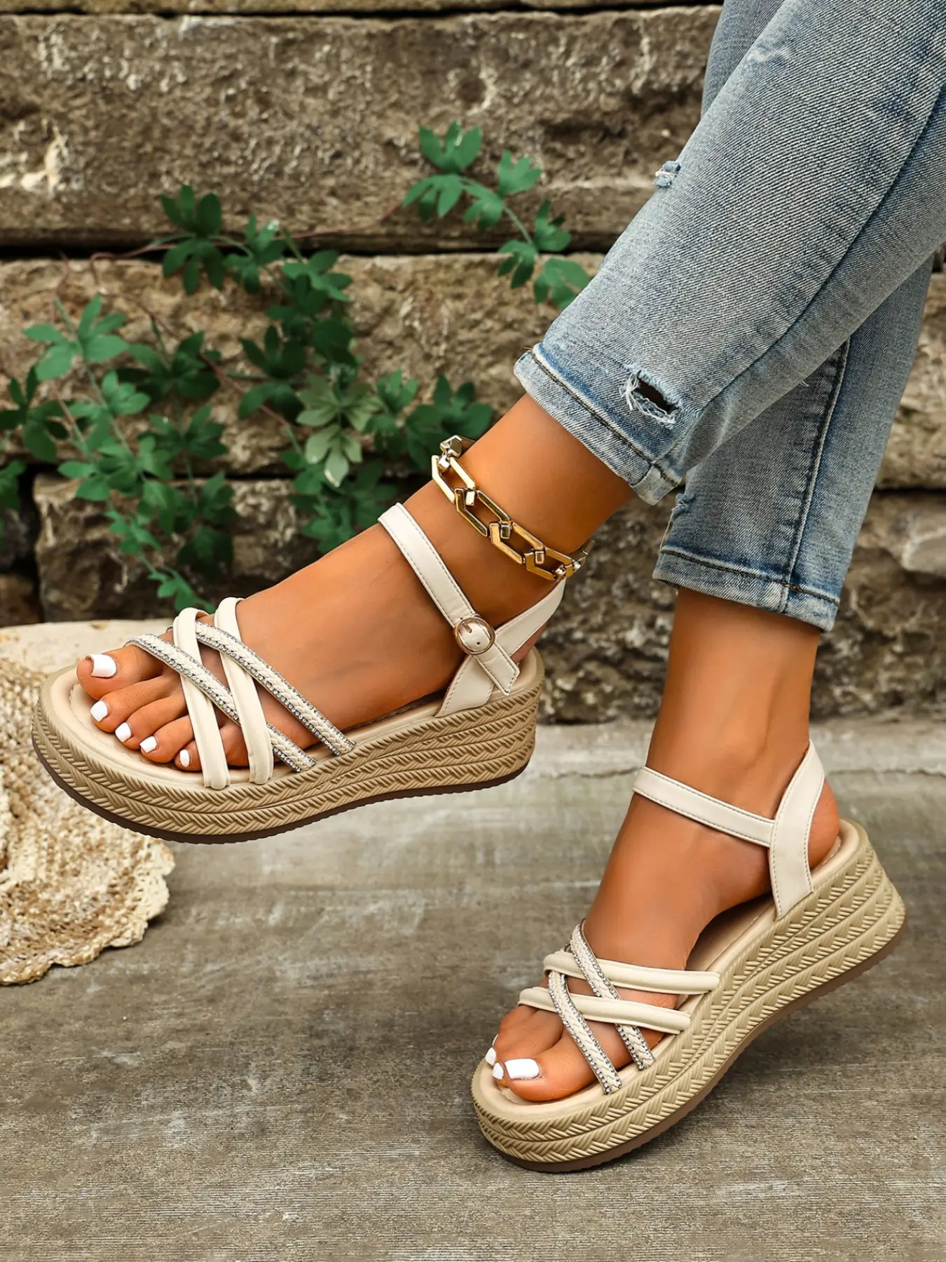 Elegant Buckle Ankle Strap Wedge Sandals, Braided Texture Rhinestone Straps, Women's Summer Footwear, Comfortable & Stylish Design