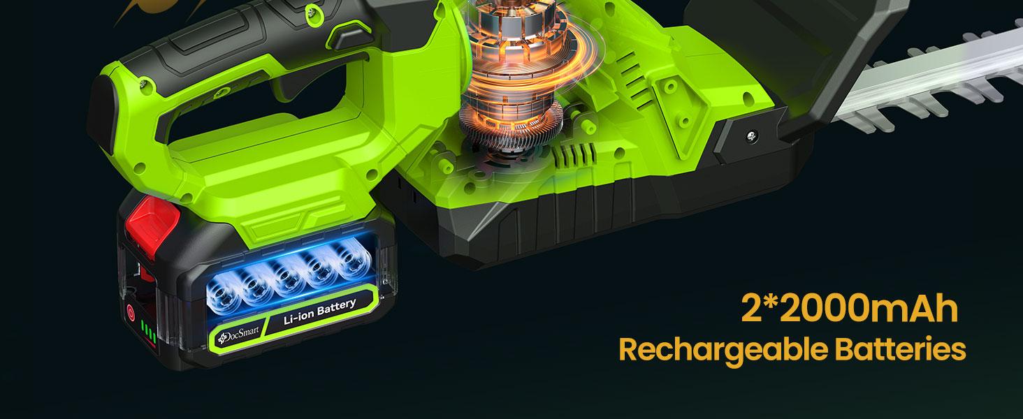 20'' Hedge Trimmer with Battery, 3000RPM Bush Clipper with 2pcs 2000mAh Batteries, 180° Rotatable Head, 2/3'' Blade Gap Green 20'' Hedge Trimmer with Battery, 3000RPM Bush Clipper with 2pcs 2000mAh Batteries, 180° Rotatable Head, 2/3'' Blade Gap Green