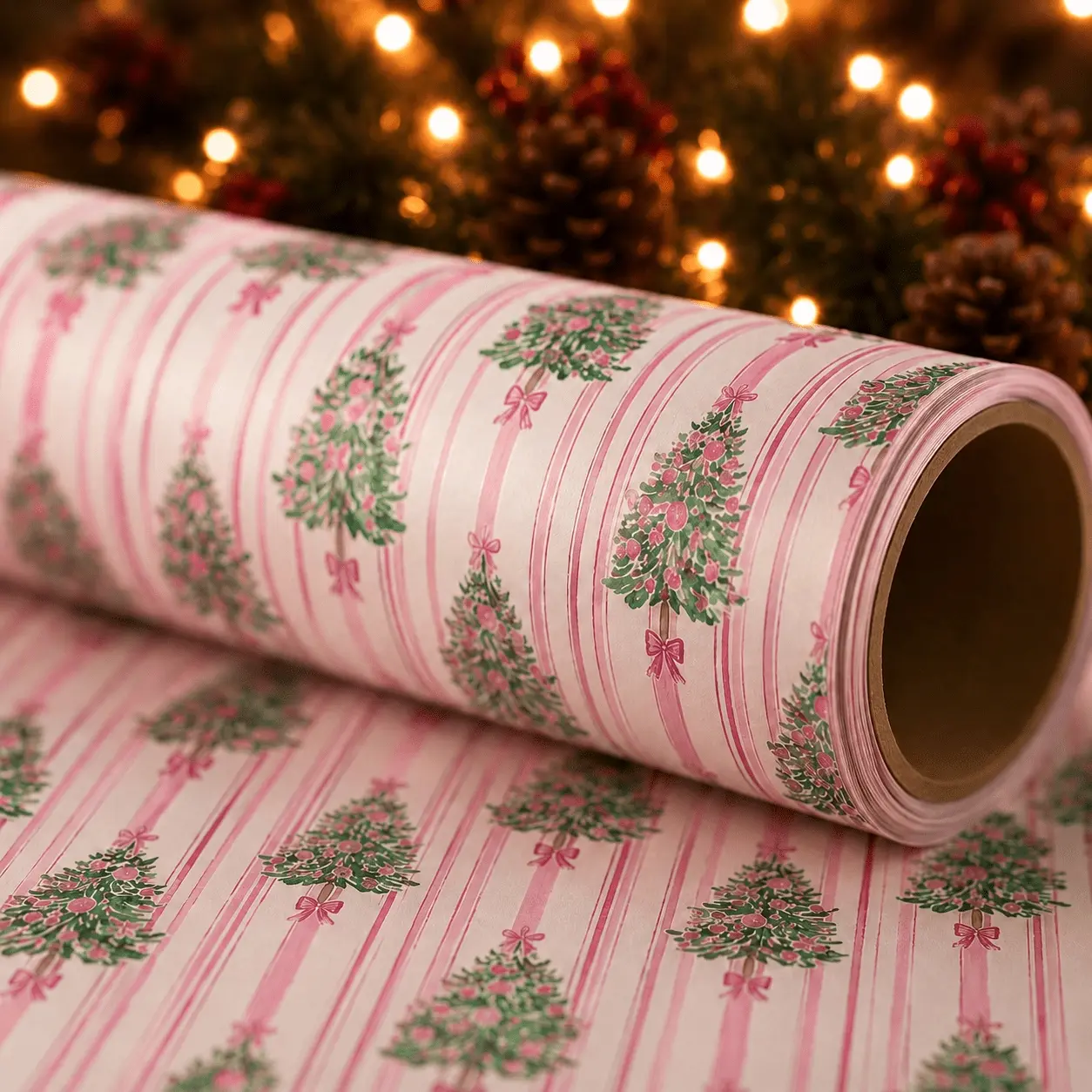 1 Roll Pink Christmas Wrapping Paper Roll, Vintage Christmas Tree Gift Wrap Paper with Bow Ribbon and Stripe Pattern, Holiday Wrapping Paper for Christmas Gifts, Party Decoration and DIY Crafts