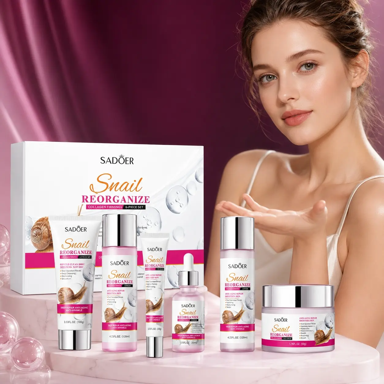 SADOER Snail Reorganize Collagen Skincare Set, 6-Piece Face Care Gift Box with Cleanser 100g, Toner 120ml, Eye Cream 20g, Serum 30ml, Lotion 120ml and Face Cream 50g, Snail Secretion Filtrate + Hydrolyzed Collagen, Hydrating Moisturizing Daily Routine