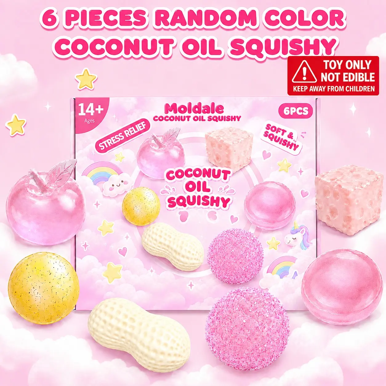 6 Pack Random Color Coconut Oil Squishy Toy Set - Moldable Stress Relief Fidget Box, Mixed Styles (Apple, Peanut, Cheese, Slushy Ball, Potato), Sensory Anxiety Relief for Adults 14+ (TOY ONLY, NOT EDIBLE) Soft Squishy Sensory