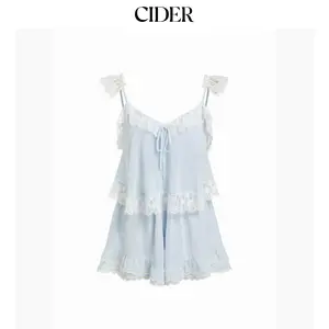 Cider Chiffon V-neck Lace Panel Knotted Ruffle Sleeve Oversized Romper