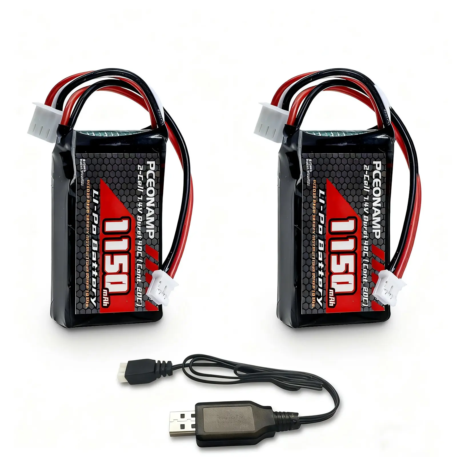 Pceonamp Scx24 Battery 1150mah 7.4v 2s Lipo, Ph2.0 Interface, 20C Rate, 40C Peak, for RC Crawler, Includes Charging Cable