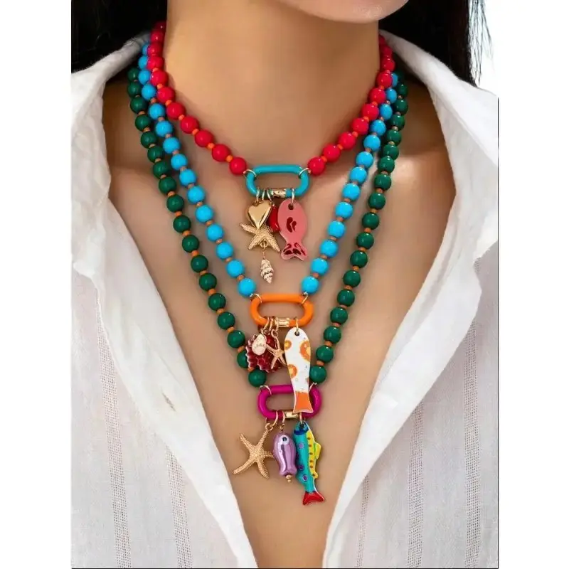 Women's 3-Piece Boho Style Jewelry Set - Funky Ethnic Layered Strands Beaded Necklace, Adjustable Choker Neckline, Ocean Theme Handpainted Pendants, Romantic Anniversary Beach Accessory
