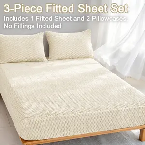 Viral Grid Jacquard Plush Fitted Sheet 3Pcs Set, Silky Soft Warm Textured Bedding, All-around Elastic Secure Snug Fit Mattress Cover, Gentle Skin-Friendly Bed Sheets For Cold Nights And Cozy Home Refresh