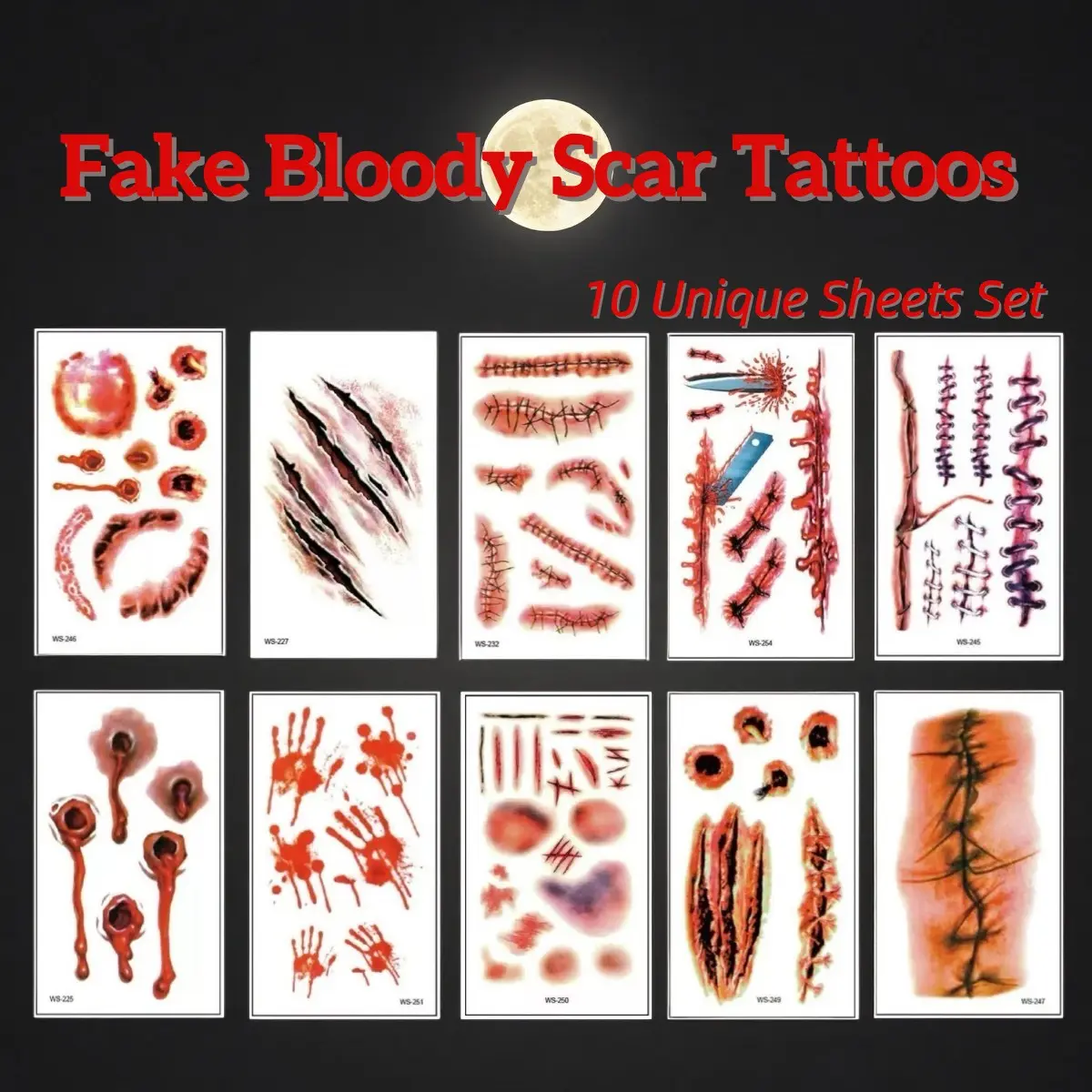 10 Sheets Realistic 3D Fake Bloody Scar Temporary Tattoos, Horror Stitched Wound/Claw Cut/Bite Mark/Blood Handprint Injury Stickers, Waterproof Long Lasting Skin Safe Halloween Prank Makeup Props for Adults Teens, Zombie Cosplay Haunted House Masquerade P