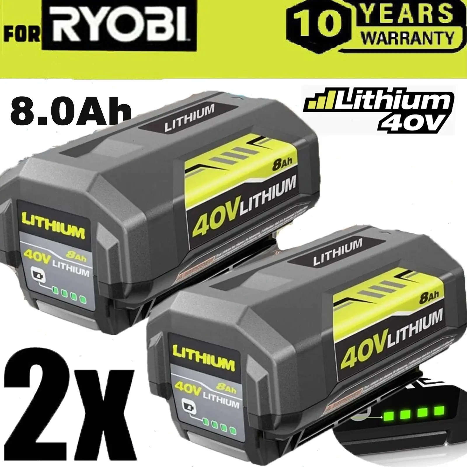 High quality  2PACK 8.0Ah Battery 40 Volt for Ryobi 40V Lithium OP40602 Battery with LED
