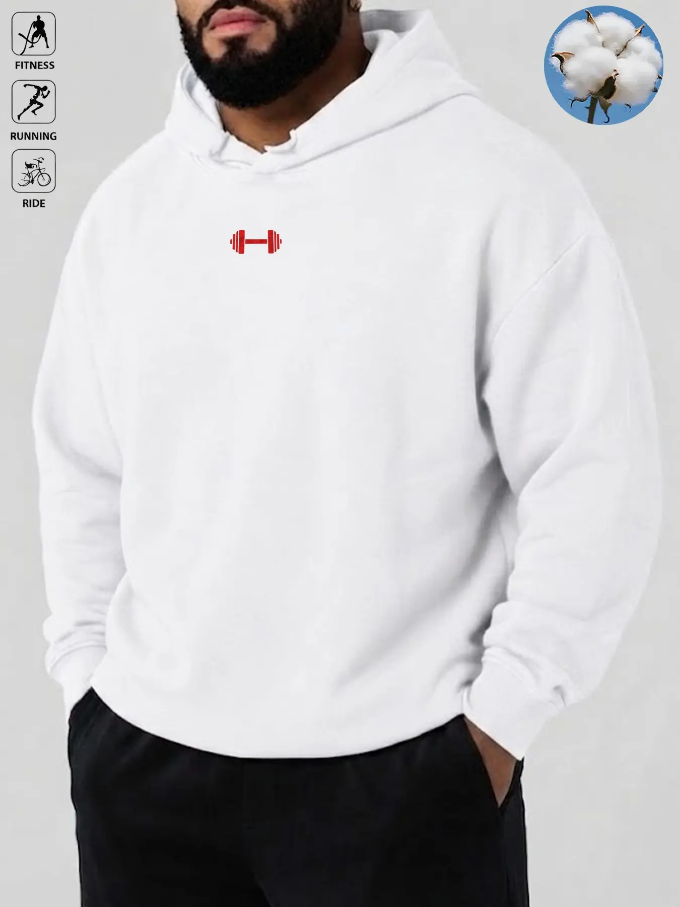 Men's Dumbbell Print Loose Hoodie, Sporty Casual Pullover, Soft Cotton Functional Top, Ideal for Gym, Running, Camping, Streetwear, Casual Hoodie Pullovers