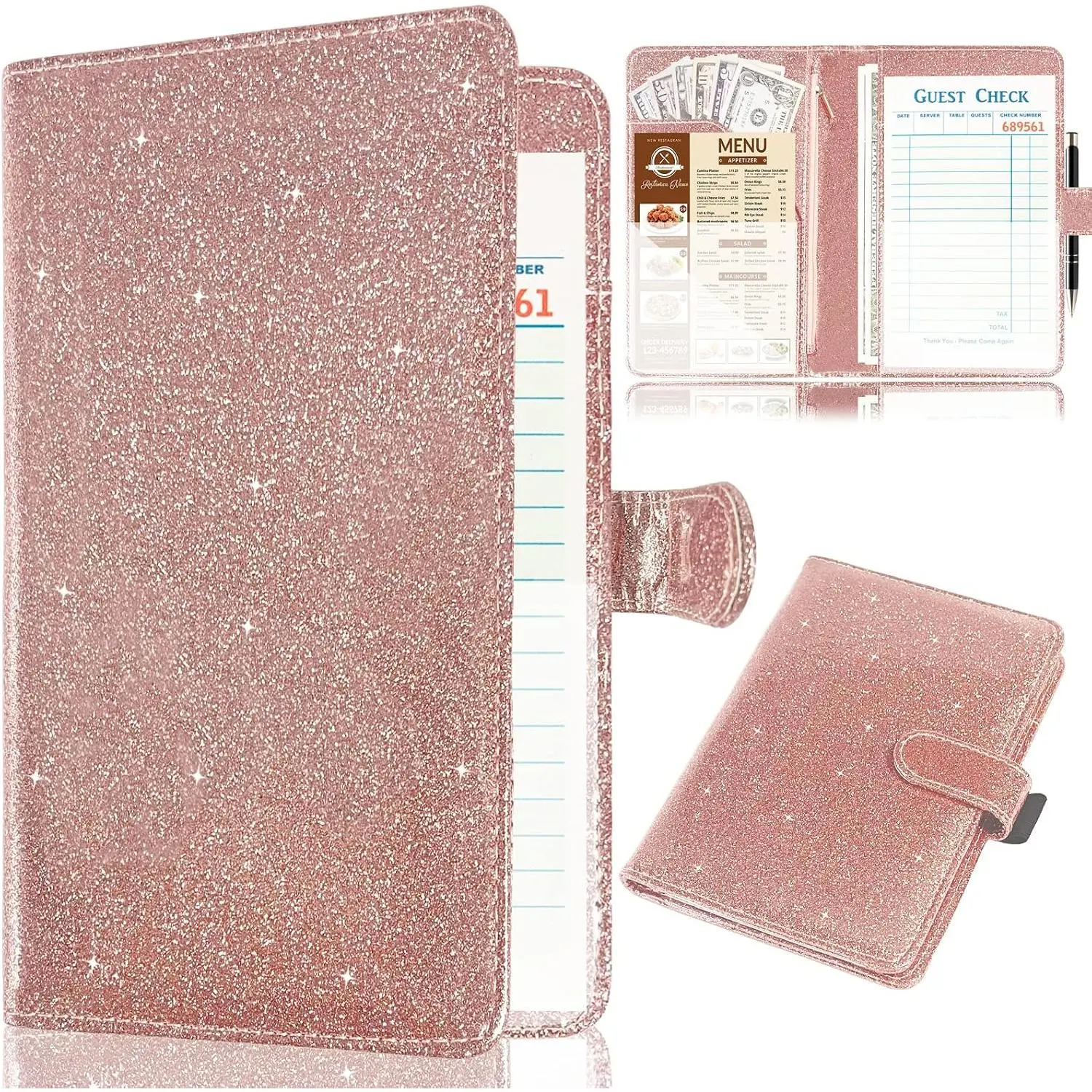 Server Book for Waitress,Leather Waiter Book Organizer with Zipper Pocket, Bling Waitress  Wallet and Pen Holder, Restaurant Waitstaff Organizer, Glitter Rose