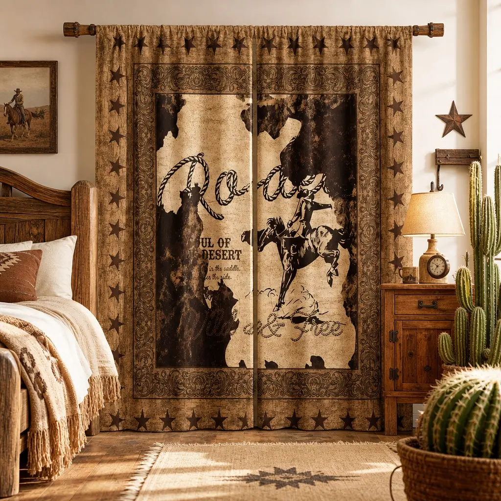 Western Cowboy Theme Curtains, Vintage Horse Print, Semi-Sheer, Insulated and Privacy Protection, Ideal for Rustic Bedrooms and Lounges