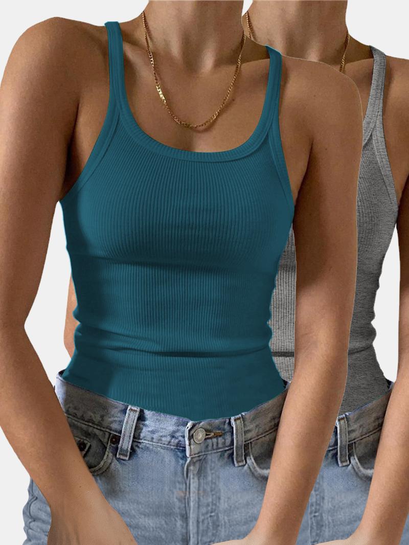 Women's Solid Ribbed Tank Top, Elastic Basic Vest, Casual Sleeveless Top for Summer, Ladies Clothes for Daily Wear, Summer Tops