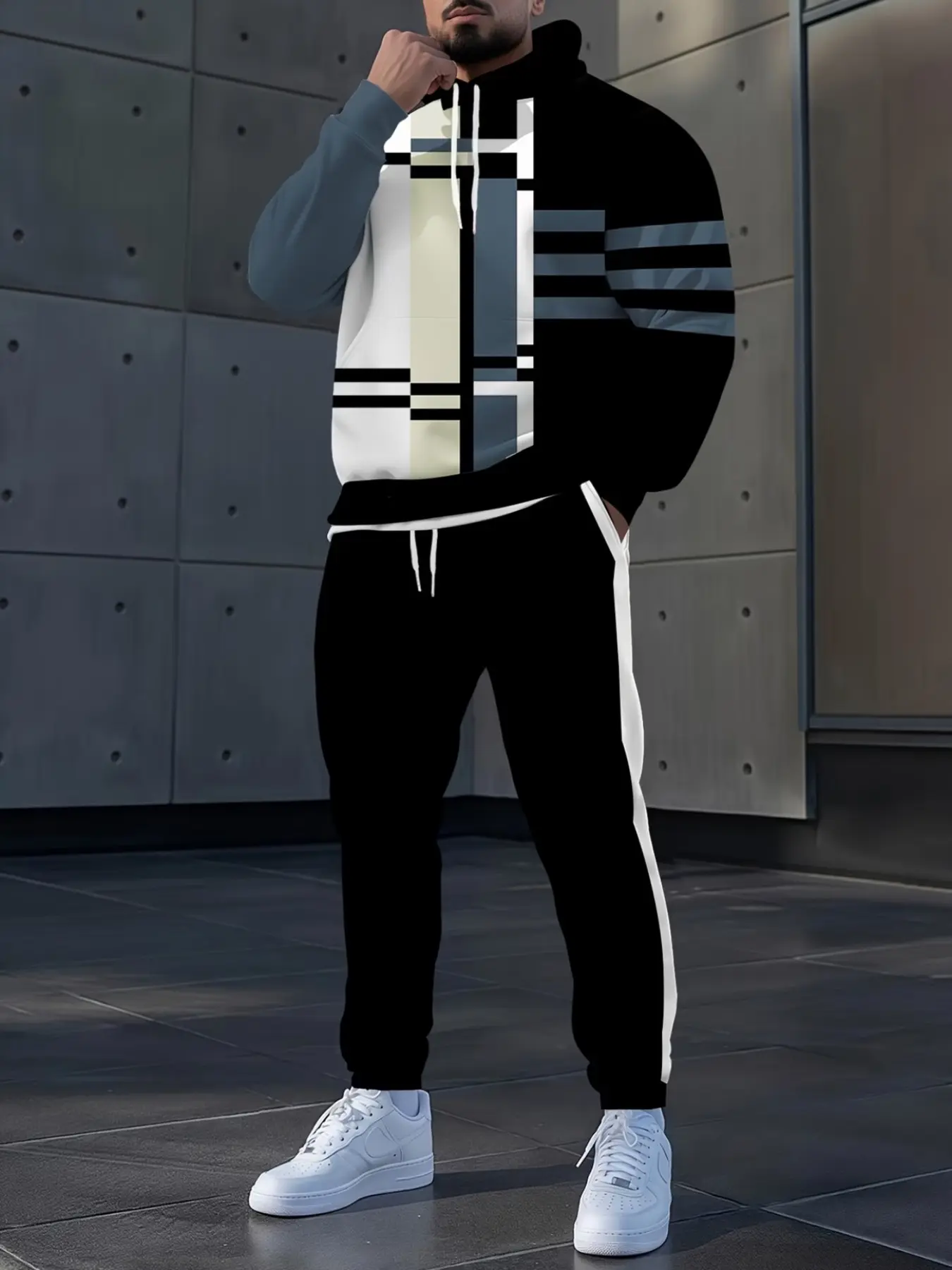 Men's Casual Hoodie Set with All over Print, Long Sleeve Fitted Sweatshirt & Pants, Digital Printing, Couples Fashion, All Seasons