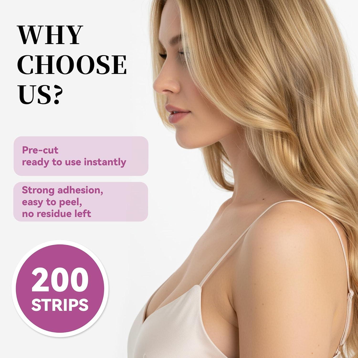 200 Strips Fashion Double-Sided Tape for Clothes, Hypoallergenic Dress Tape for Fabric & Skin, Skin-Friendly Body & Clothing Tape with All-Day Invisible Hold