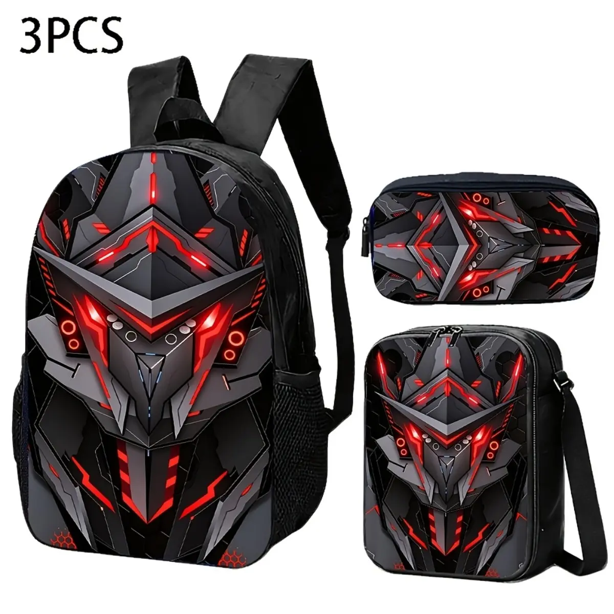Cyberpunk Style Mecha Red Neon Print Backpack with Black Base and Silvery-Gray Geometric Pattern, for Young Professionals, Commuters, Gaming Enthusiasts, Daily Outings, and School Use