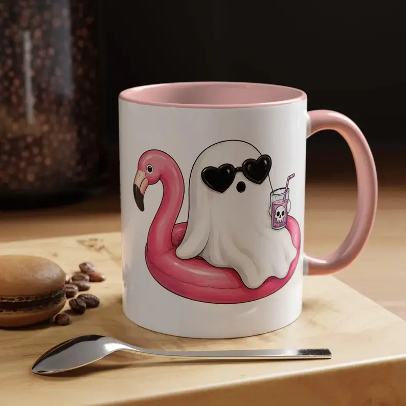 Summerween Mug, Cute Ghost Coffee Mug, Halloween Mug, Flamingo Coffee Mug, 11oz Tea Cup, 15oz Ceramic Mug