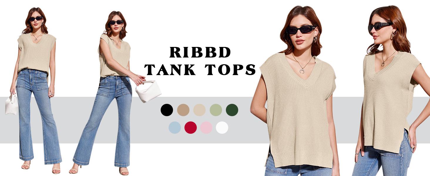 Saodimallsu Womens V Neck Sweater Vest Oversized Ribbed Knit Sleeveless Casual Loose Fit Pullover Tank Top