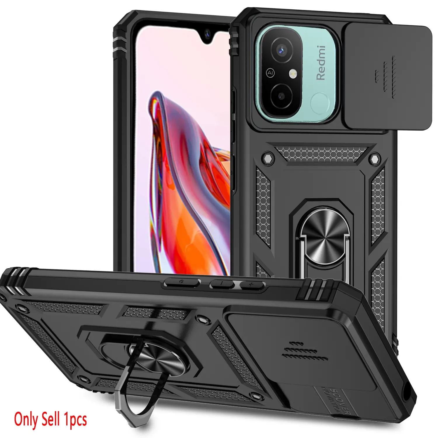 Case for Xiaomi Redmi 13C 4g/poco C65 Smartphone, Durable Shockproof Protective Cover, Removable Camera Lens Protector, 360° Adjustable Ring Stand for Xiaomi Redmi 13C 4g/poco C65 Phone Case