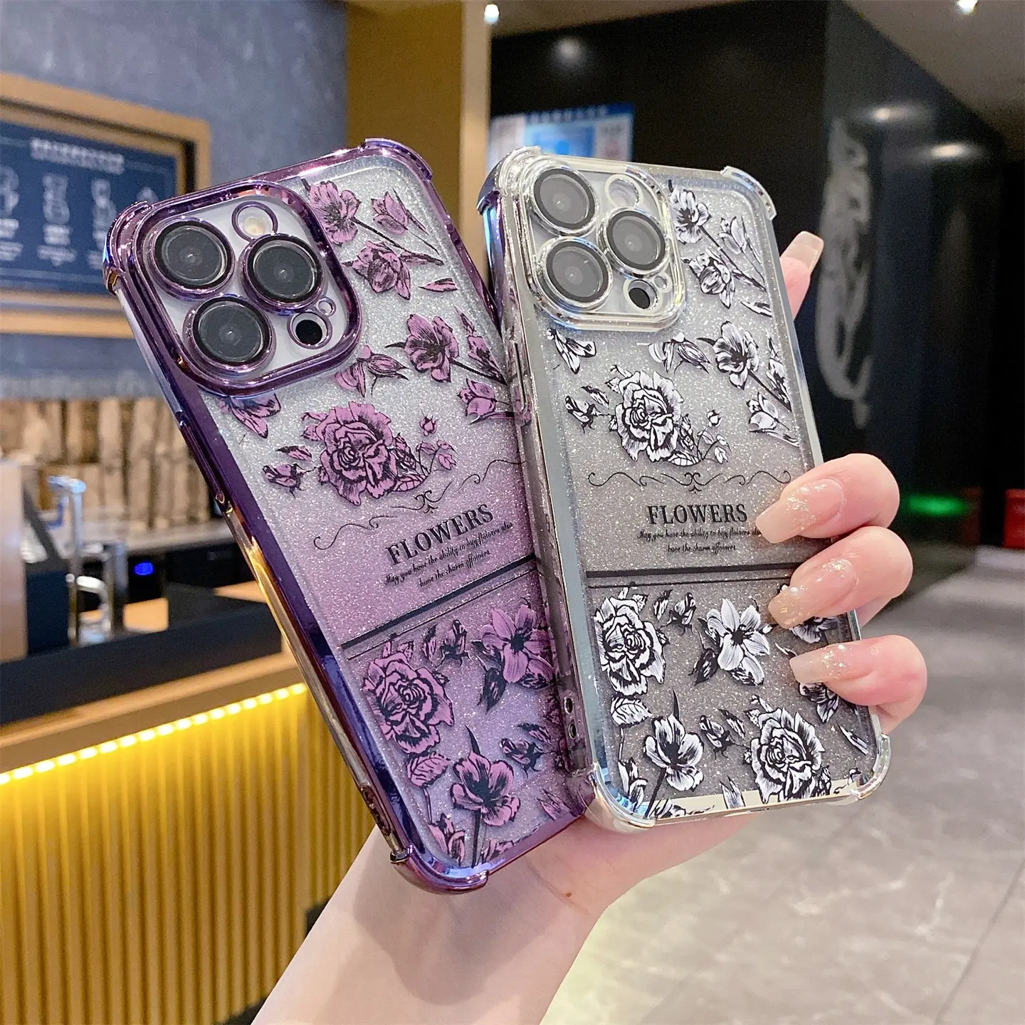 Shimmering starlight, soft retro blooming florals Phone Case for use with iphone 17 air 16 pro max 15 plus design phone cases for iphone 14 13 12 11 Four-Corner Airbag Electroplated Glitter Phone Case for girlies and boys aesthetic holographic phone case