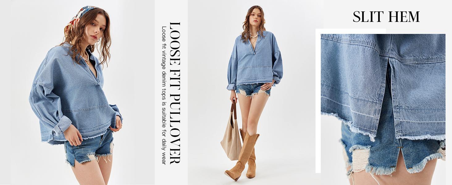 FMEYOA Womens Denim Tops Pullover Trendy Casual V Neck Loose Fit Puff Sleeve Jean Cotton Shirts FMEYOA Womens Denim Tops Pullover Trendy Casual V Neck Loose Fit Puff Sleeve Jean Cotton Shirts