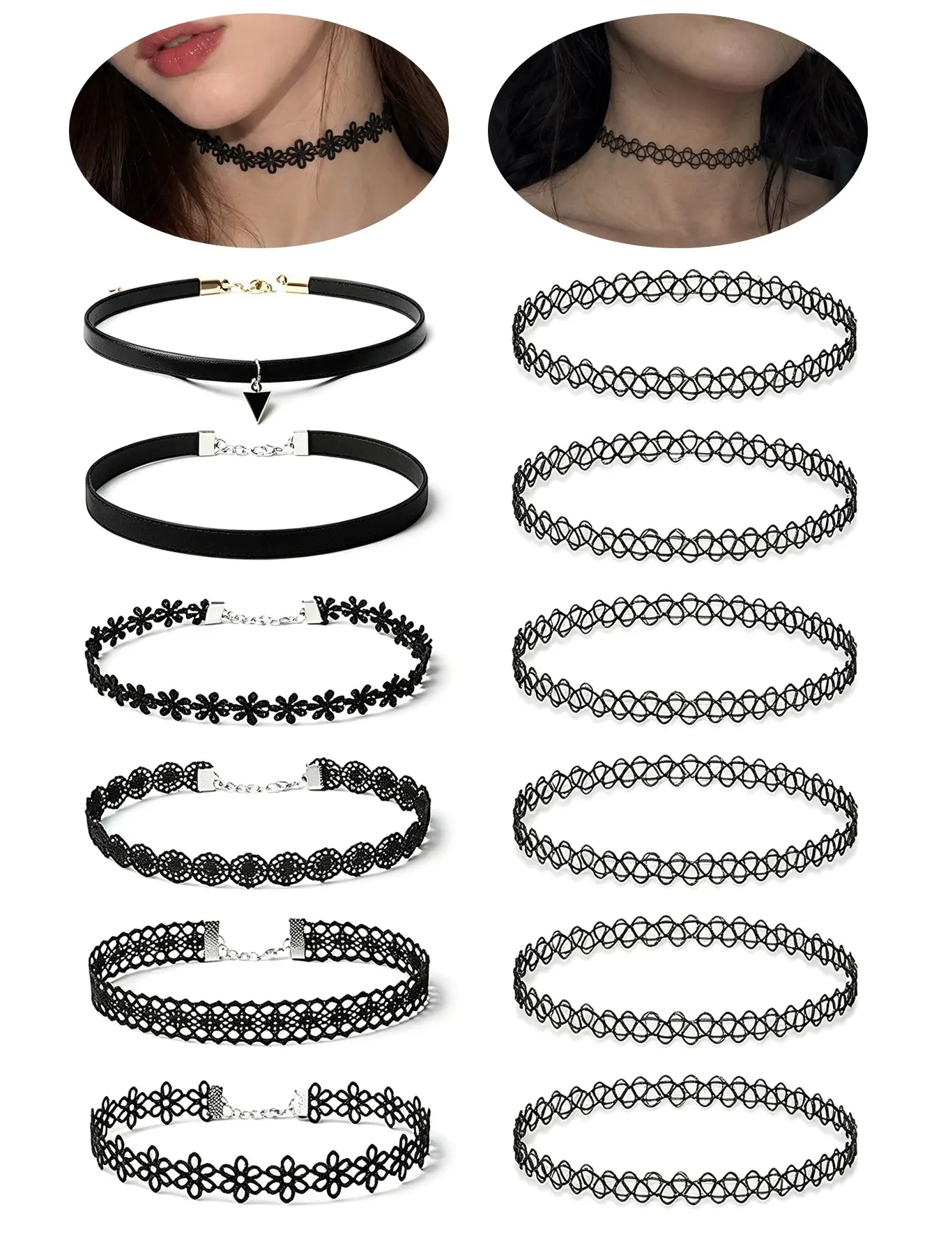 12pcs Black Choker Necklace Set for Women Gothic Black Tattoo Choker Elastic Stretchy Velvet Lace Ribbon Collar Necklace Flower Goth Halloween Accessories 90s Cosplay Costume