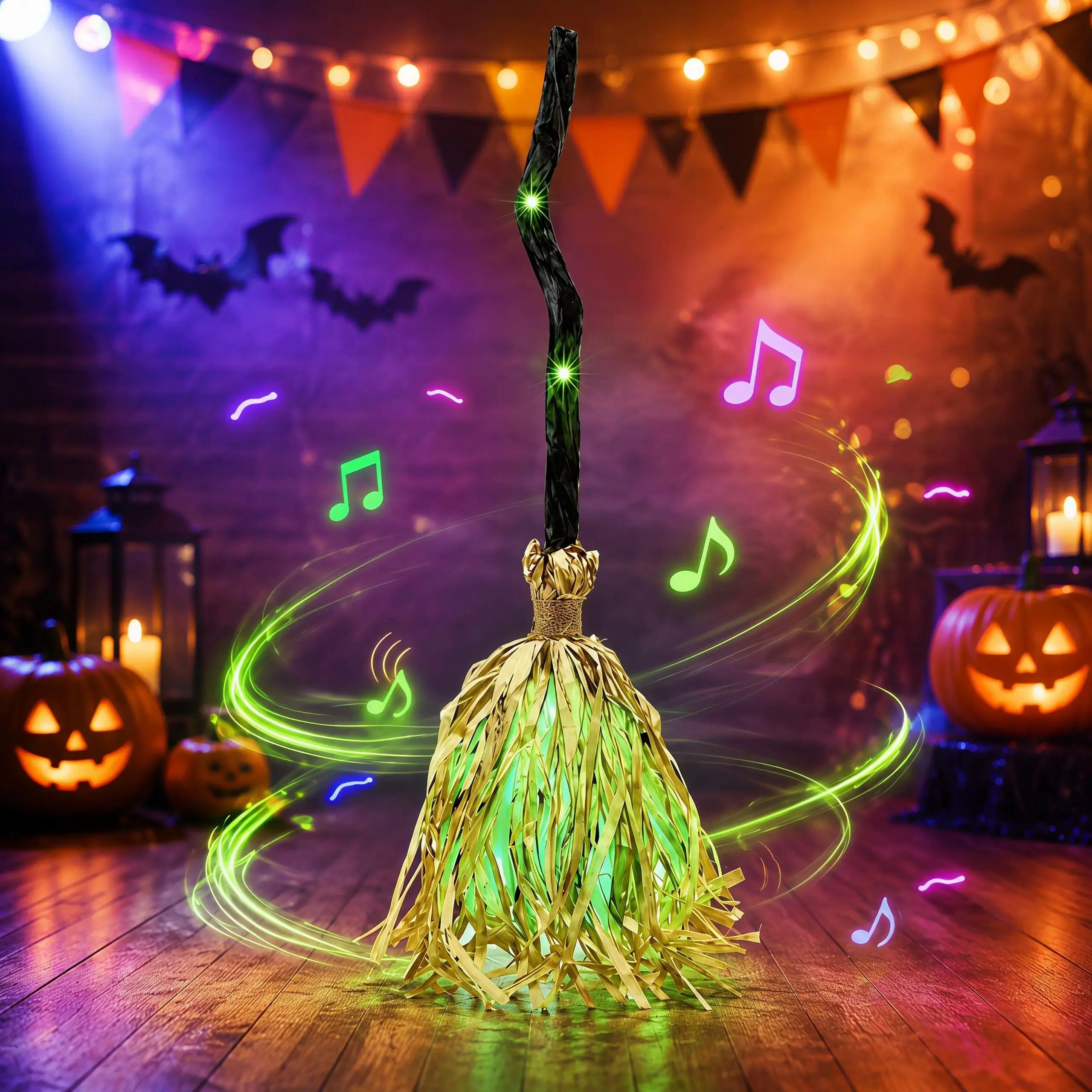 Animated Witch Broom with Lights, Music and Motion, Halloween Party Decorations, Light Up Musical Witch Broom Prop for Spooky Atmosphere Decor, Scene Decoration
