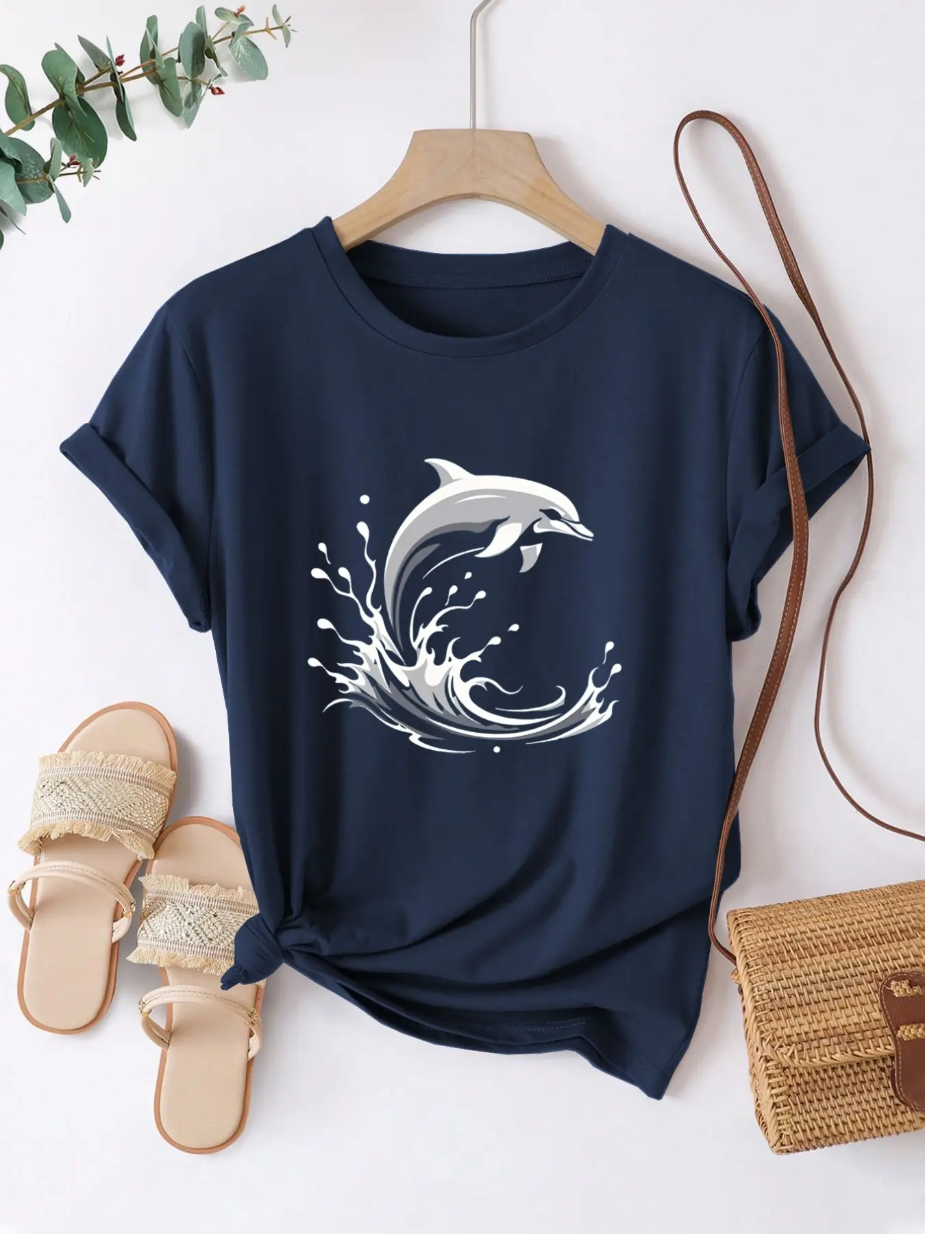 Women's Casual Round Neck Short Sleeve T-Shirt, Cartoon Dolphin Print, Soft Stretch Fabric, Spring Summer Daily Wear