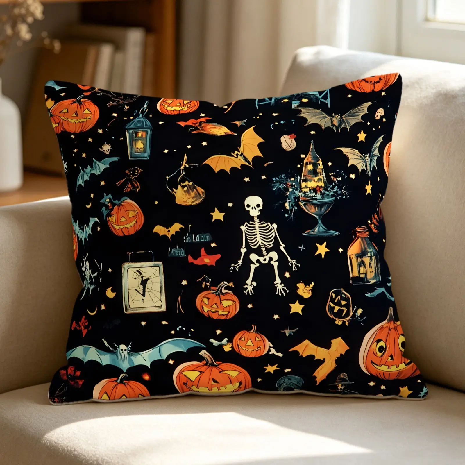 Cute Retro Halloween Pumpkin Ghost Print Throw Pillow, Soft Square Cushion For Couch, Fashion Accent Pillow To Refresh Fall Room Style, Fully Finished Includes Pillow Core, Spooky Decor Gift For Halloween Season