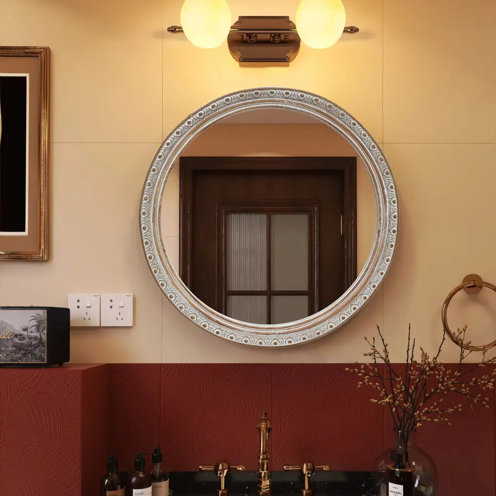 Littleox Ornate Round Wall Mirror (23.62" x 23.62") - Distressed Silver-Gold Carved Frame, Decorative Hanging Mirror for Bathroom, Bedroom, Entryway & Living Room
