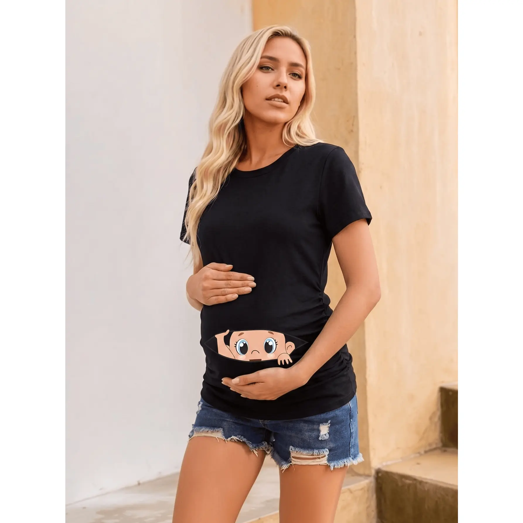 Women's Casual Black Short-Sleeve Crew Neck Maternity Top with Playful Baby Peeking Graphic, Summer Maternityclothes