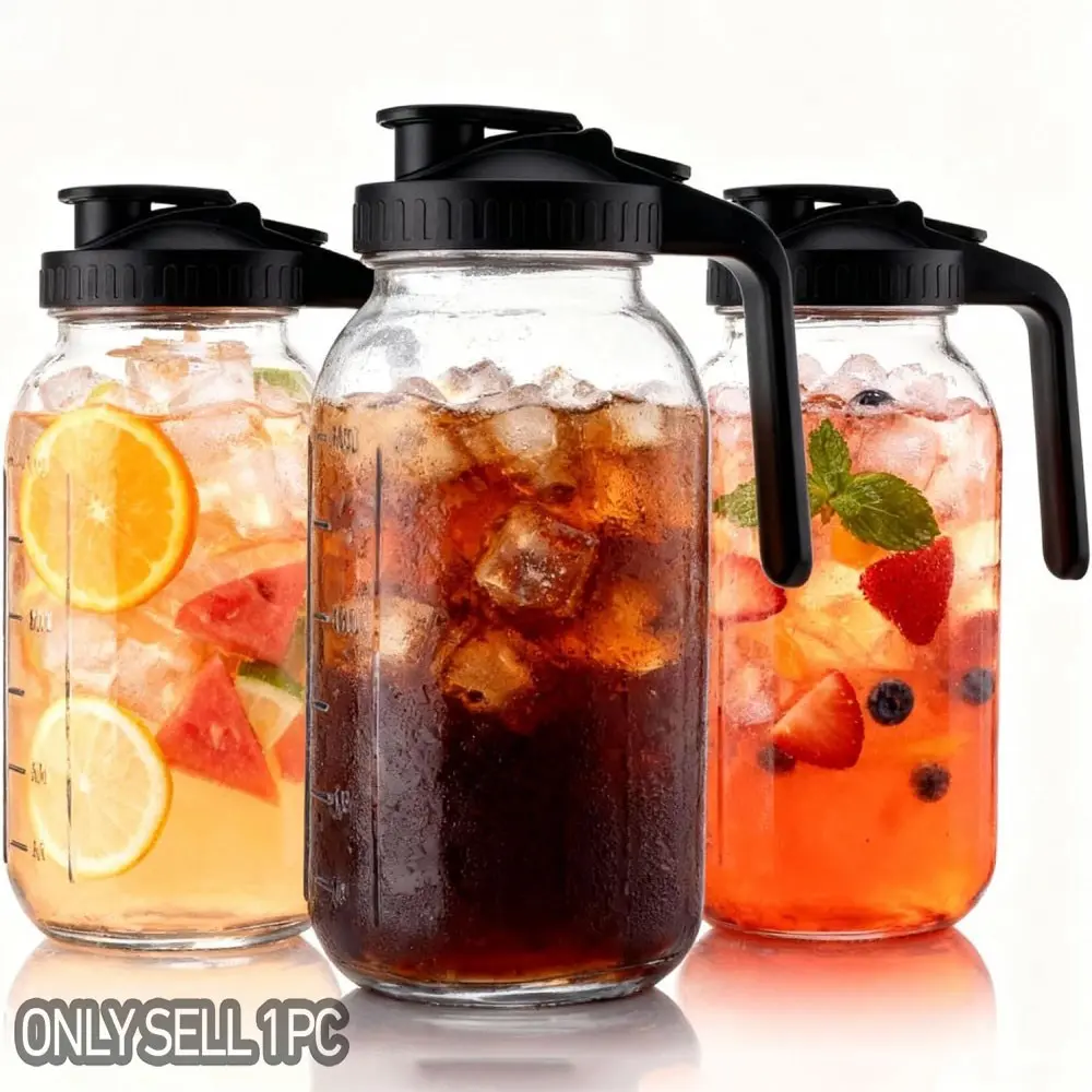 Glass Water Jug with Lid, 64oz Summer Beverage Pitcher, Lemonade Pitcher, Wide Mouth Half Gallon Mason Jar, Leak-Proof, Ideal for Iced Tea, Cold Brew Coffee, Milk, Juice