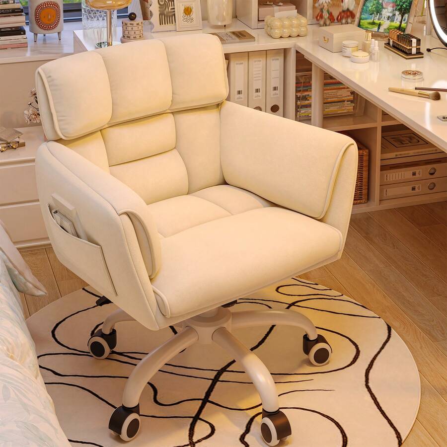 White Modern Home Office Desk Chair with Wheels, Adjustable Height, Side Pockets & Soft Upholstered, Vanity Chair with Backrest & Armrests for Bedroom