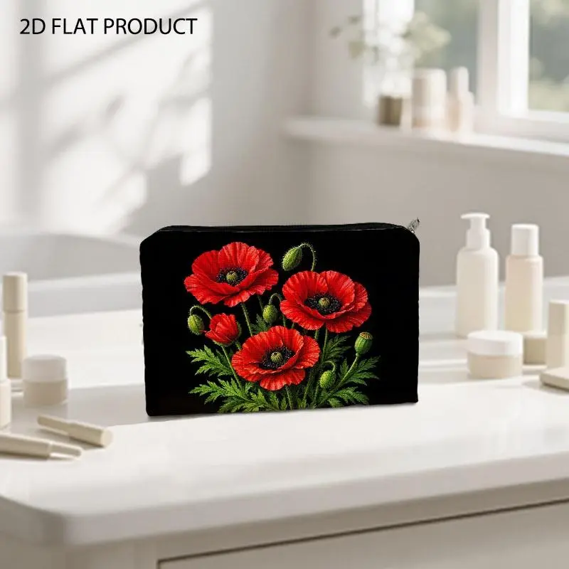 Vivid Red Poppy Print Makeup Bag, Double-Sided Pattern Design with Black Background, 5.9*8.66inch Portable Cosmetic Storage Pouch, Ideal for Daily Makeup Organization and Travel Use