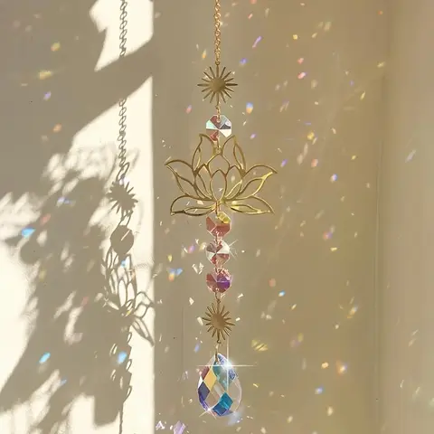 1pc Exquisite Lotus Flower Crystal Glass Suncatcher with Prism Beads, Celestial Accents for Window Decor, Home Hanging Decor