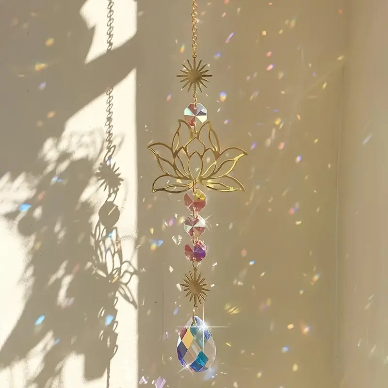 1pc Exquisite Lotus Flower Crystal Glass Suncatcher with Prism Beads, Celestial Accents for Window Decor, Home Hanging Decor