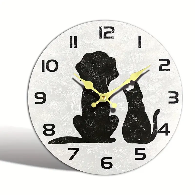 1 round Decorative wall clock, vintage silhouette of a puppy and kitten, silent non-ticking acrylic clock, suitable for bedroom, living room, office, kitchen, bathroom, battery-powered (battery not included)