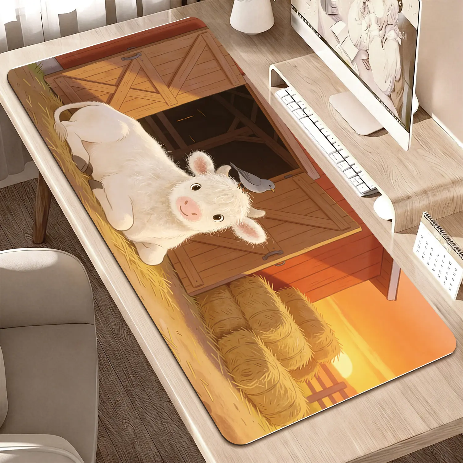 Premium Fluffy White Calf With Gray Bird On Barn Illustration High Quality Mouse PadModern Office Gaming Comfort ExperienceNon?Slip Durable For Daily Work And Play 40*80cm 40*90cm30*70cm