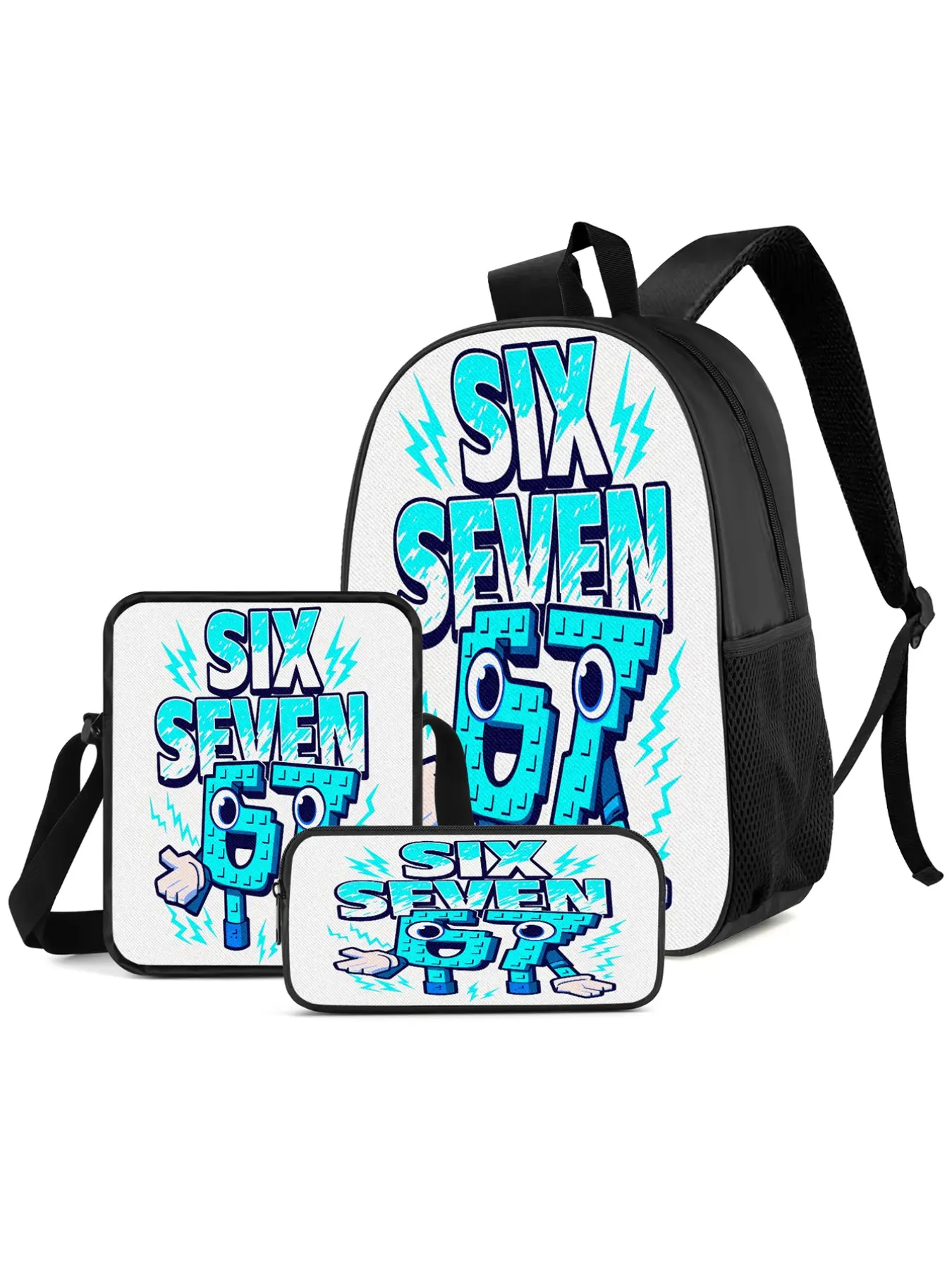 67 Print Student Three-Piece Set, Large Capacity Backpack, Crossbody Bag, Pencil Case, School Supplies Organizer, Outdoor Sports Gear