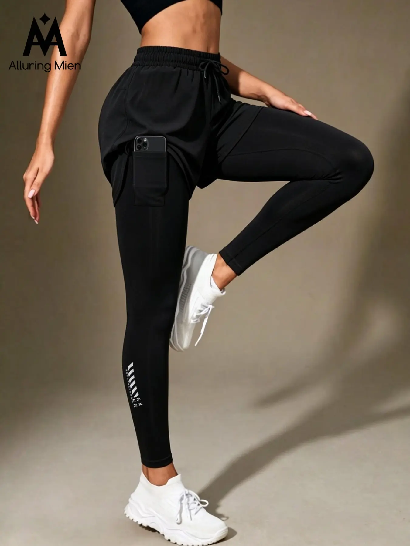 Women's Fake Two-Piece Dual-Layer Sports Pants, High Waist Drawstring, Side Phone Pockets, Letter Print, Stretch Quick-Dry Fabric, Fitness Training Pants, Athleisure Style Bottoms