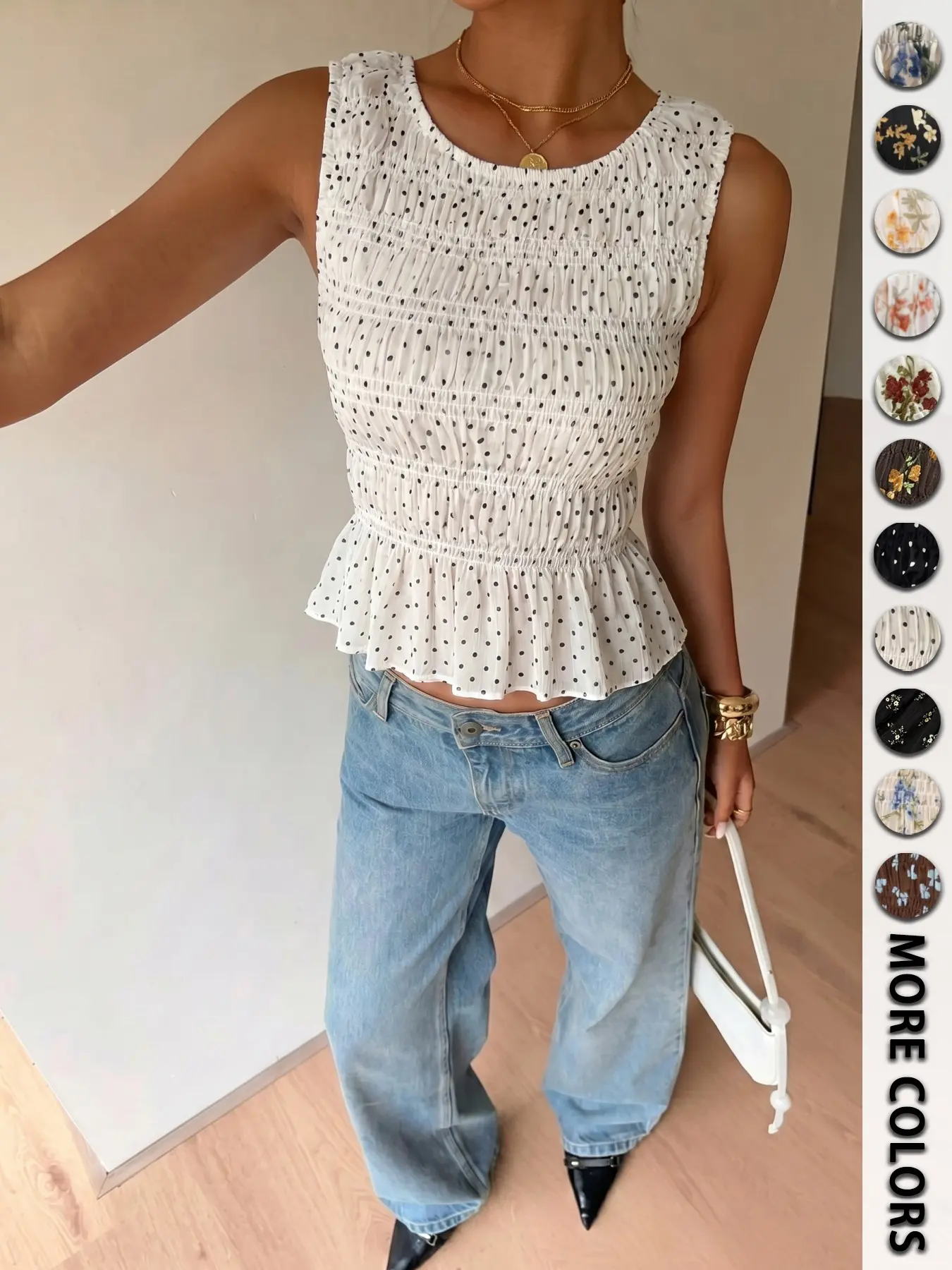Women's Fashion French Vintage Polka Dot Shirred Waist Sleeveless Top, Elegant Casual Short Crop Tank Tops, Summer Streetwear, Multiple Colors Available