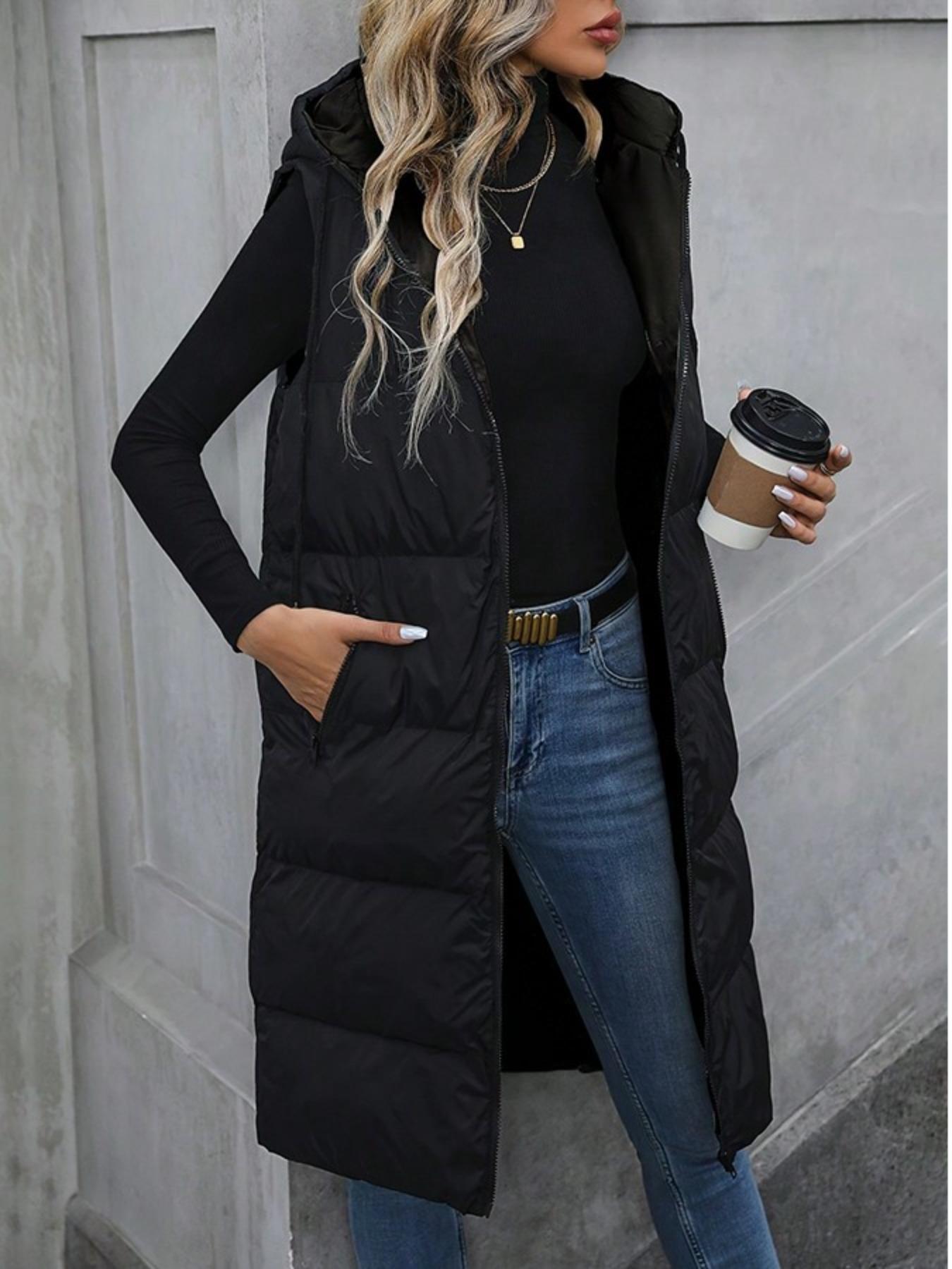 Women's Woven Solid Pocket Zip Up Drawstring Hooded Vest Winter Coat, Casual Fashionable Loose Sleeveless Thick Warm Coat for Daily Outdoor Wear, Women Clothing for Fall & Winter, Womenswear