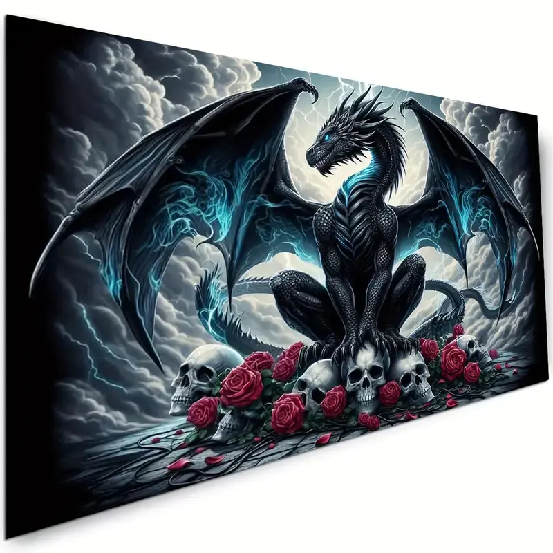 5D DIY Acrylic Diamond Art Kit - Black Western Dragon Skull, Red Rose, Lightning Cloud Dark Gothic Fantasy Design, Cross Stitch Craft for Dragon Fans, Halloween Gaming Room Wall Decor, Diamond Art Kits