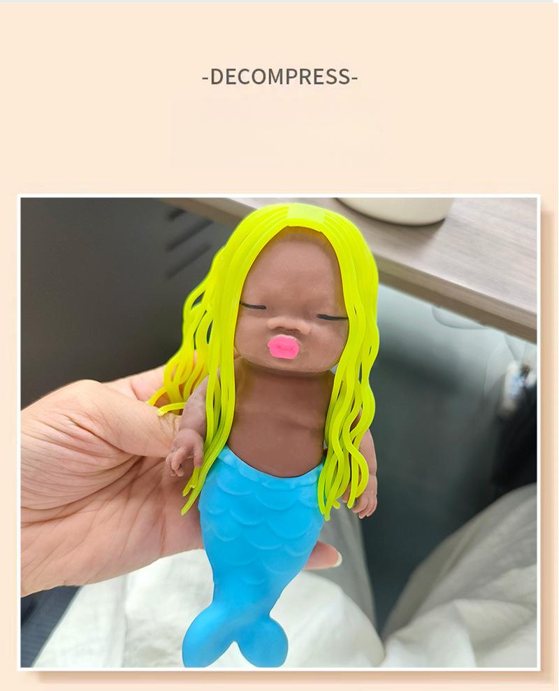 "Ugly-Cute" Long-Haired Mermaid Princess Stress Relief Toy - Black Soft-Gel Squeezable Palm-Sized Doll