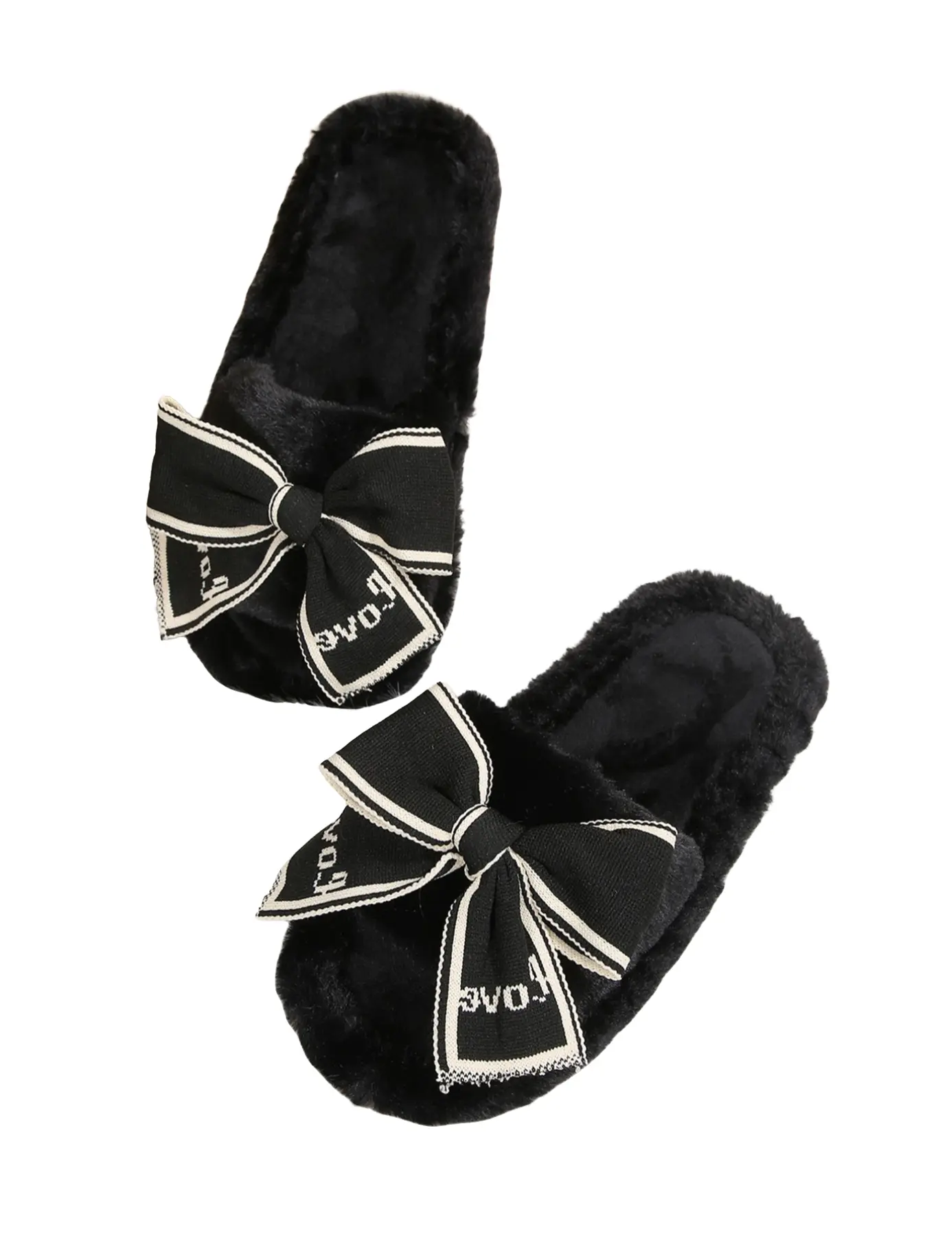 Bow Letter Decor Fluffy Open Toe Women Slippers Bowknot Slides Casual Outdoor Flat Slide Sandals For Daily Wear