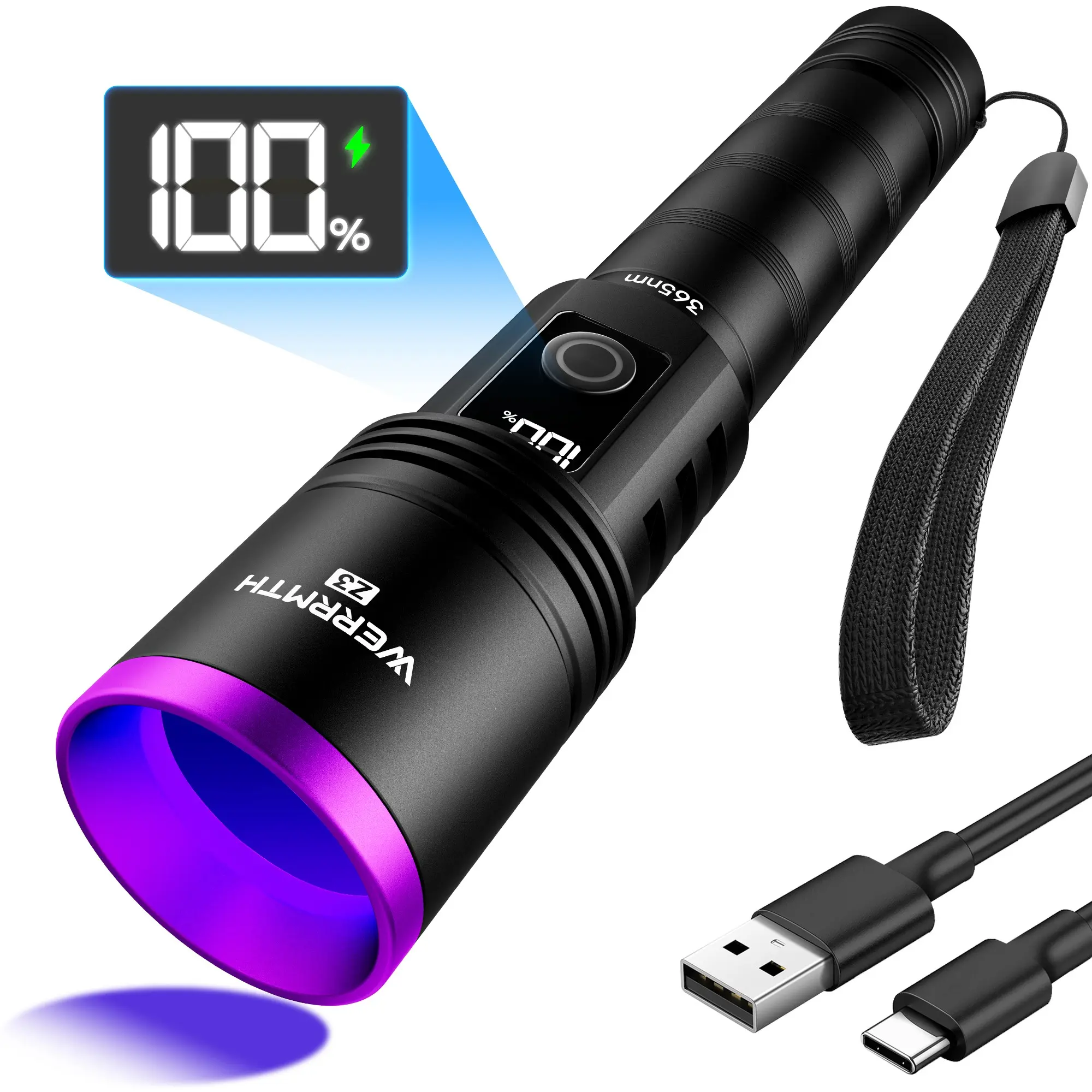 365nm UV Flashlight, USB-C Rechargeable, Waterproof, Digital Display, Filter Lens, Pet Urine Detection, Resin Curing, Scorpion Hunting