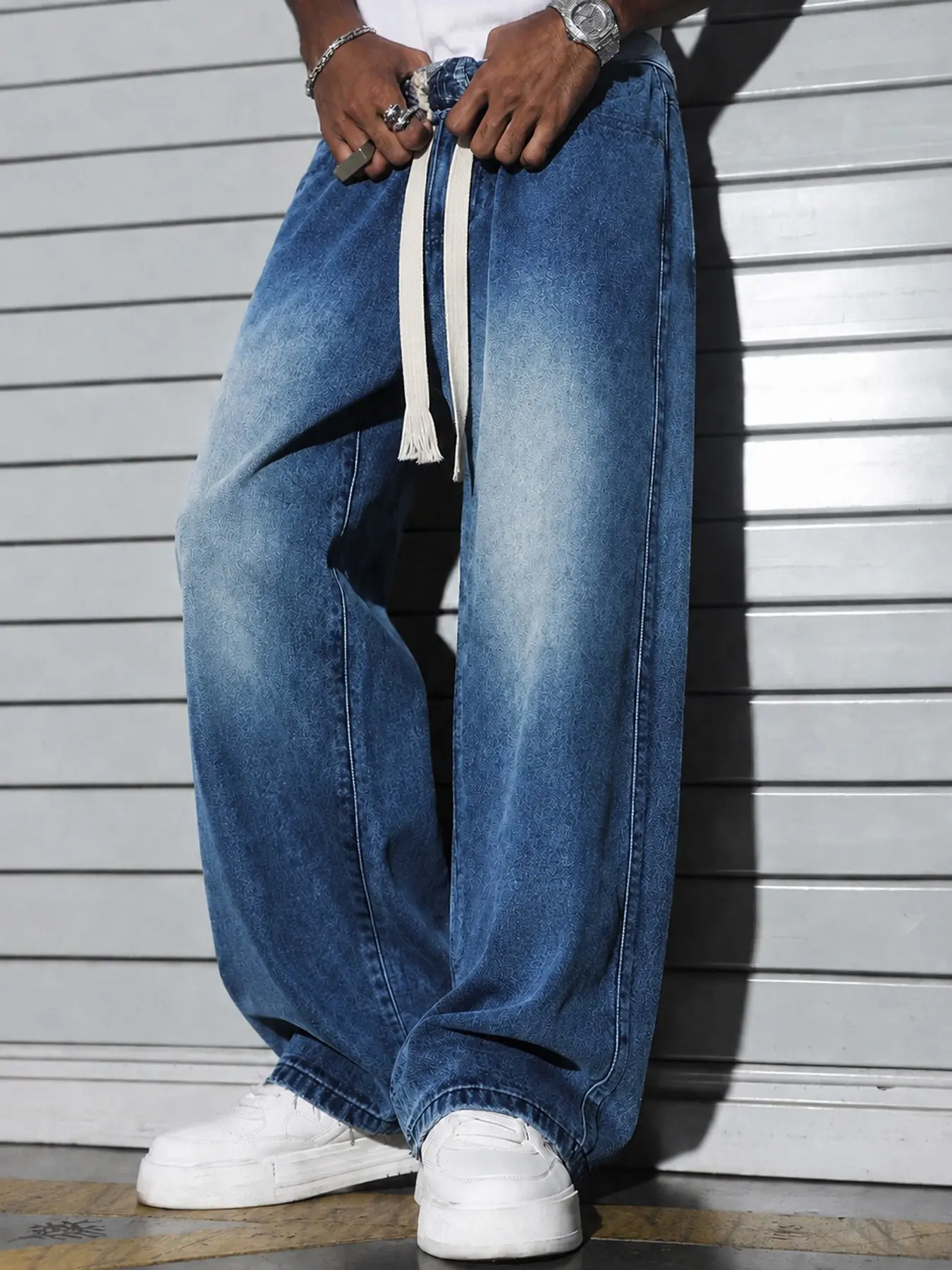 Men’s Charcoal Gray Washed Jacquard Jeans with Drawstring Waist, Baggy Wide Leg Casual Streetwear Denim Pants