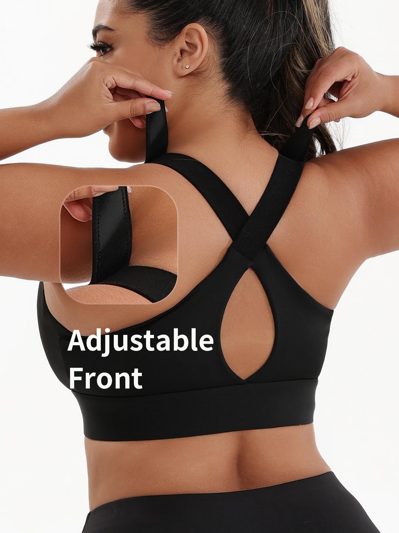 【Plus Size】 Criss Cross Zipper Front Wireless Sports Bra, Solid Adjustable Strap High Stretch Yoga Bra, Women's Sport Clothing for Indoor Outdoor Wear